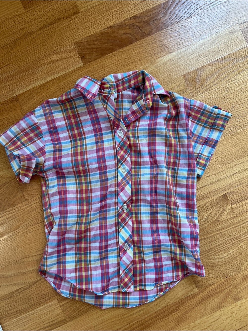 Vintage JCPenneys girls 8 Short-Sleeve Plaid Button-Up Shirt - pink Multi